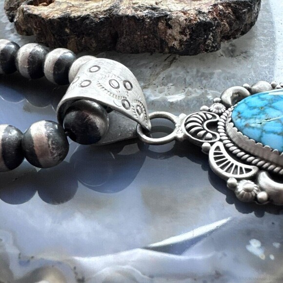 Sterling Southwestern Style Large Egg-shape Kingman Turquoise Pendant For Women - Picture 3 of 10